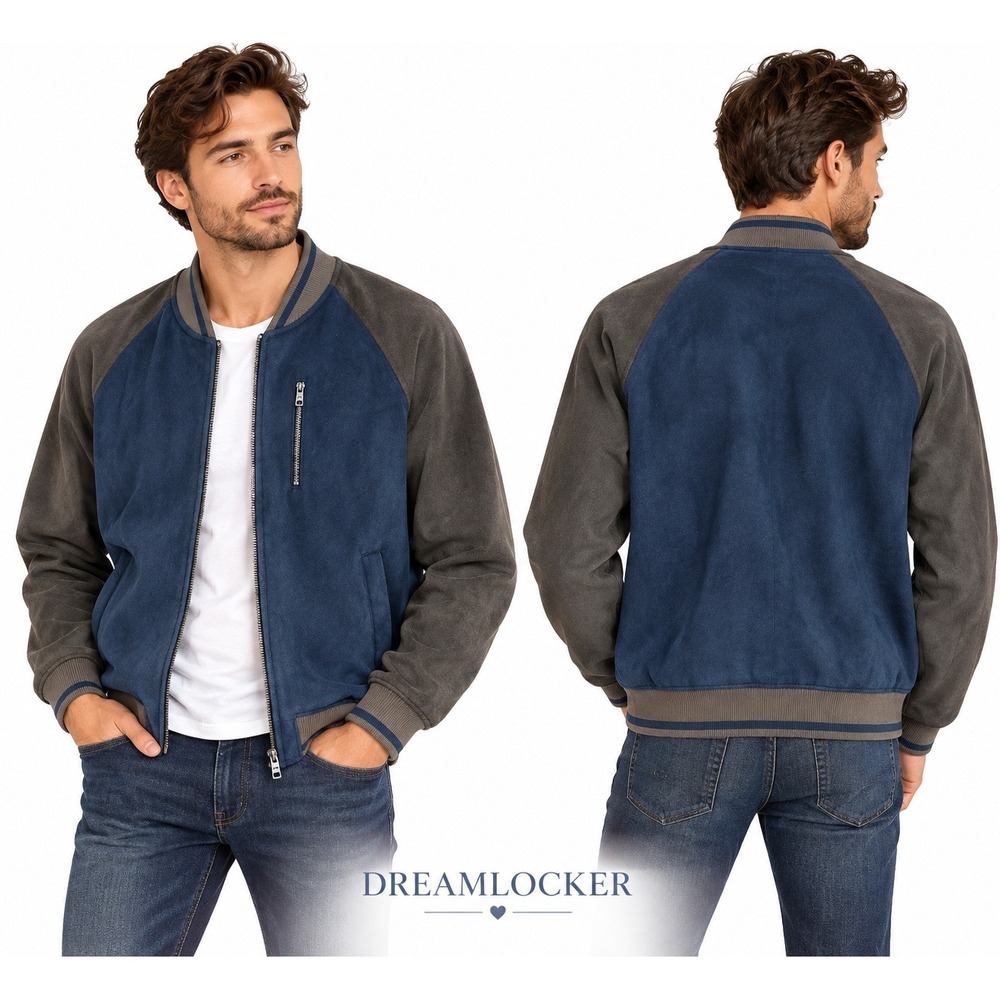 Ben Sherman Bomber Jacket Mens Medium Blue Brown Faux Suede Full Zip Ribbed Mod